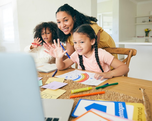 Ordinateur portable d'appel vidéo et enfants avec la mère pour le soutien à l'apprentissage en ligne et l'enseignement à domicile La famille et la mère des enfants africains sur la plate-forme d'enseignement informatique et la vague de l'école créative virtuelle bonjour