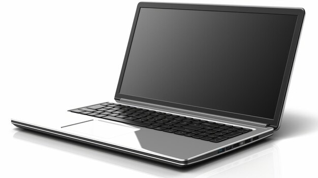 Un ordinateur portable argenté élégant est posé sur une surface blanche