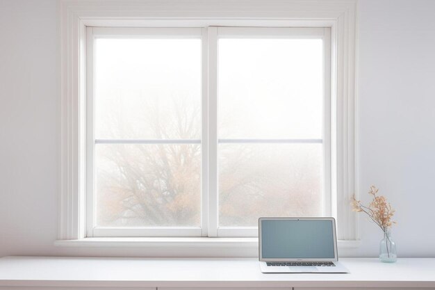 un ordinateur portable assis sur un bureau blanc