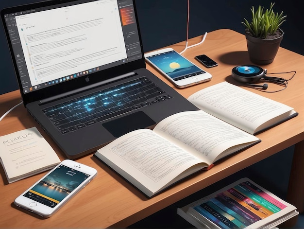 un ordinateur portable assis sur un bureau en bois à côté d'un livre