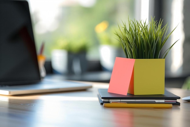 Photo un ordinateur portable assis sur le dessus d'un bureau en bois