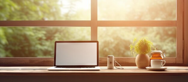 Ordinateur portable blanc avec écran vide placé sur une table en verre près de la fenêtre et une chaise en bois Idée d'espace de travail organisé