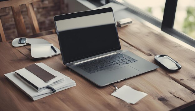 un ordinateur portable avec un bloc-notes et un stylo sur la table