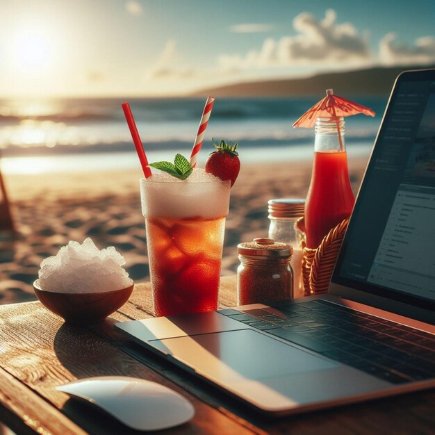 un ordinateur portable avec une boisson et une boisson sur la plage