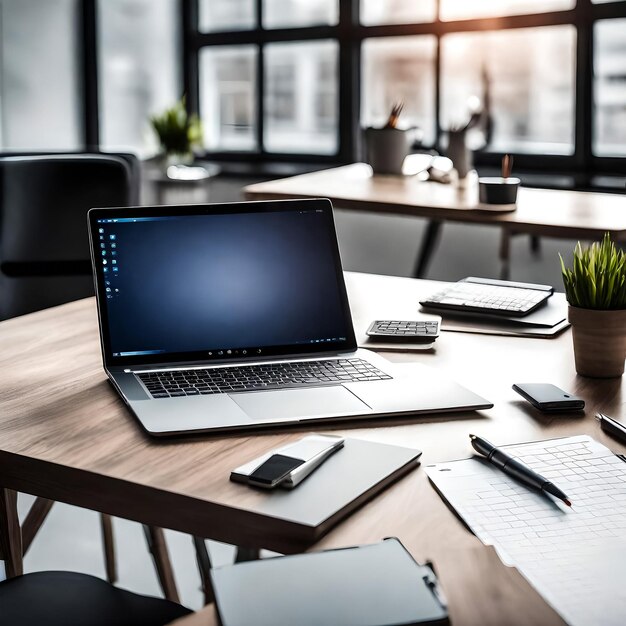 Photo un ordinateur portable sur un bureau en bois dans un espace de travail avec différents appareils à proximité aucune personne à l'extérieur