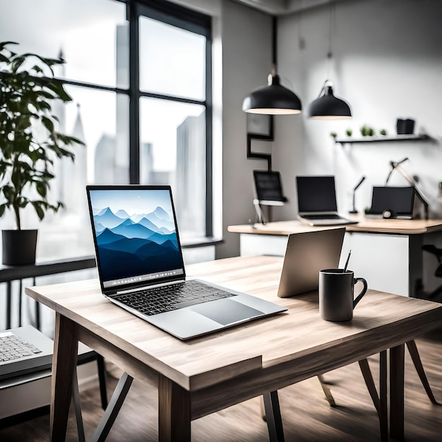 Photo un ordinateur portable sur un bureau en bois dans un espace de travail avec différents appareils à proximité aucune personne à l'extérieur