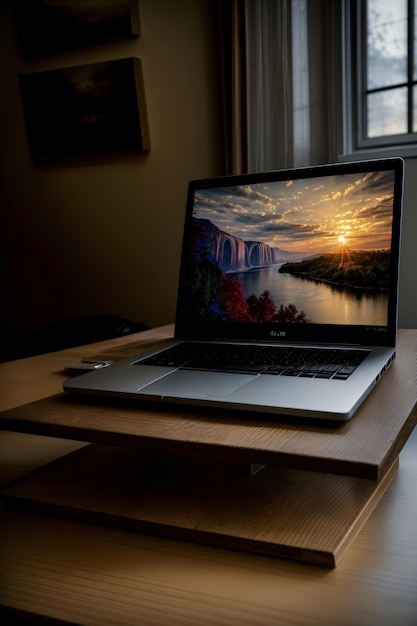 Un ordinateur portable sur un bureau en bois