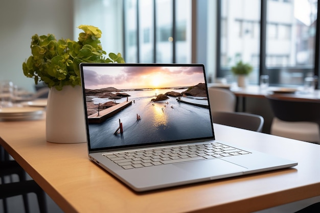 Un ordinateur portable sur un bureau avec des décorations de Noël