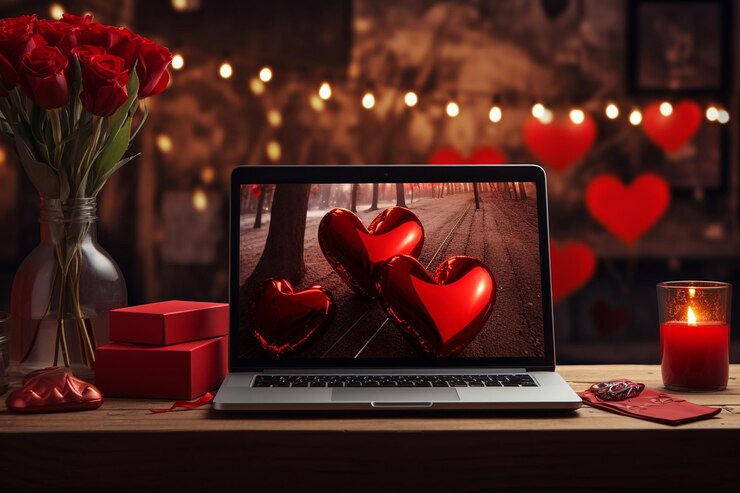 Photo un ordinateur portable sur un bureau avec des décorations pour la fête de la saint-valentin