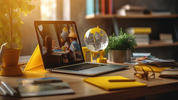 Un ordinateur portable sur un bureau avec un globe et des livres dessus.