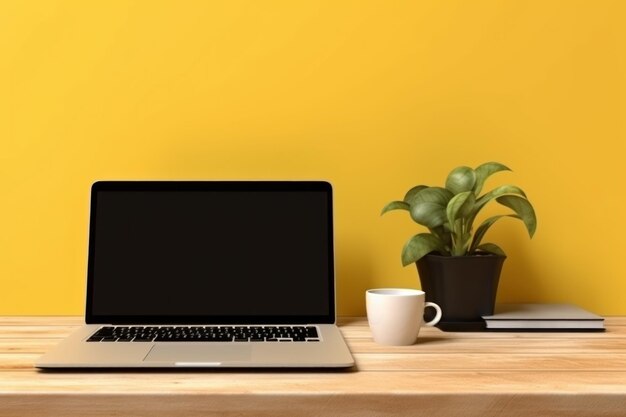 Un ordinateur portable sur un bureau avec une plante à côté