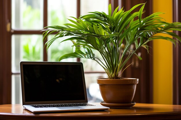 Un ordinateur portable sur un bureau avec une plante en pot en arrière-plan