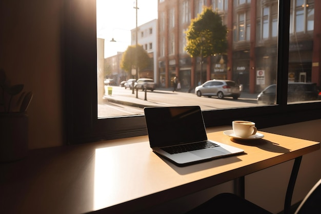 Un ordinateur portable sur un bureau avec une tasse de café devant.