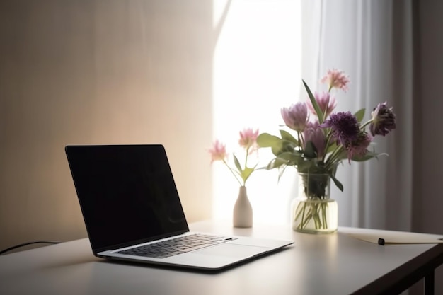 Un ordinateur portable sur un bureau avec un vase de fleurs devant.