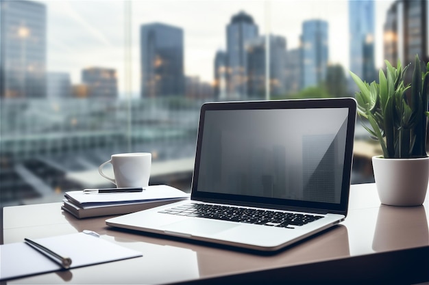 Ordinateur portable sur un bureau avec vue