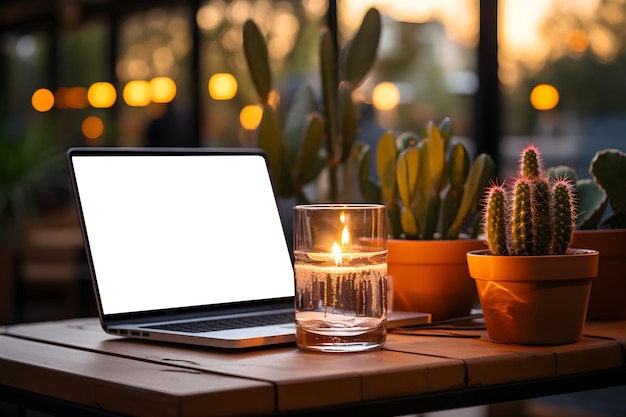 Ordinateur portable et cactus dans des pots décoratifs sur une table en bois belle illustration d'IA générative d'éclairage