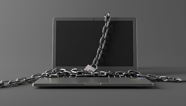 Un ordinateur portable avec des chaînes et un cadenas sur un fond gris