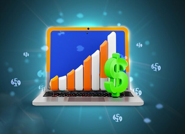 Ordinateur portable de concept d'analyse financière avec pièces de diagramme et billets de banque sur fond rose Statistiques de gestion financière pour l'organisation ou l'investissement illustration de rendu 3d