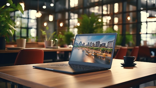 Ordinateur portable avec couvercle ouvert sur la table dans la salle de réunion de l'espace de travail de bureau