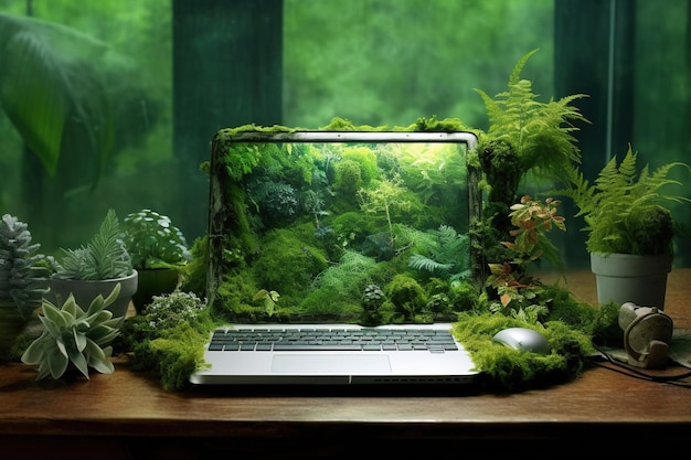 Un ordinateur portable couvert de mousse et de plantes Concept de nature et de technologie