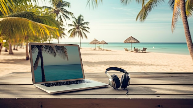 d'ordinateur portable et d'écouteurs sur une plage sereine, ressources de travail à distance