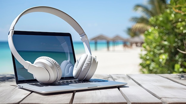 d'ordinateur portable et d'écouteurs sur un travail à distance sur une plage sereine