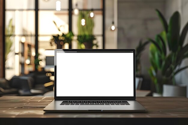 Un ordinateur portable à écran blanc sur un bureau moderne