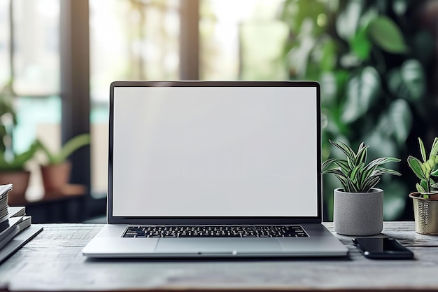 Un ordinateur portable avec un écran blanc dans un bureau en bois avec des plantes et des feuilles et un espace vide IA générative