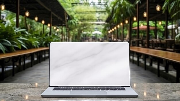 Photo un ordinateur portable avec un écran blanc vide sur une table dans un café, une nature verte, un fond flou, une image générée par l'intelligence artificielle.