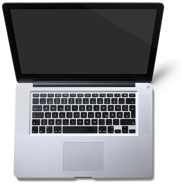 un ordinateur portable avec un écran noir qui dit " macbook " en bas