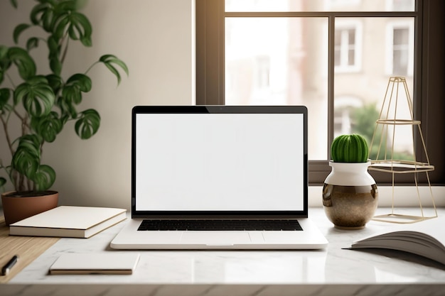 Un ordinateur portable avec un écran vide est posé sur un bureau à côté d'une plante.
