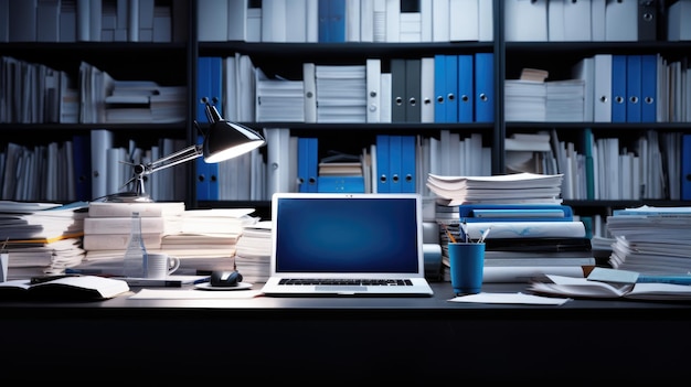 Photo l'ordinateur portable est assis sur un bureau entouré de piles de papiers et de documents.