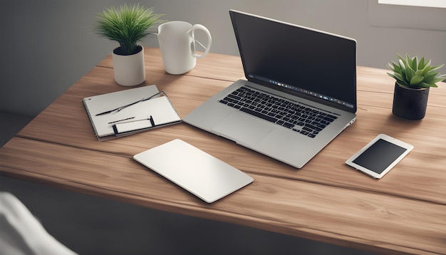 un ordinateur portable est assis sur un bureau avec une plante sur le dessus