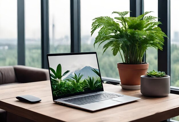 Photo un ordinateur portable est assis sur une table avec une plante dans le coin