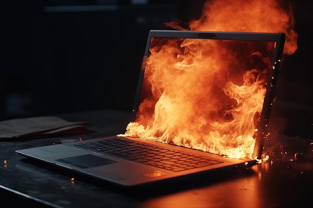 Un ordinateur portable est en feu avec un écran brûlant.