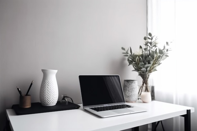 Un ordinateur portable est ouvert sur un bureau avec un vase sur la table à côté.