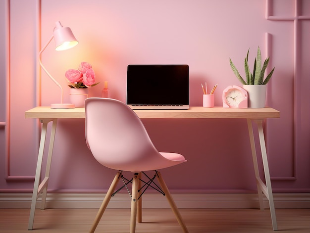 un ordinateur portable est posé sur un bureau avec une chaise rose et une plante dans le coin