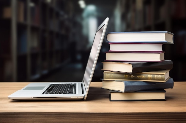 Un ordinateur portable est posé sur un bureau à côté d'une pile de livres.