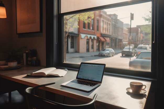 Photo un ordinateur portable est posé sur un bureau devant une fenêtre qui dit 