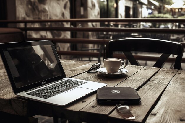 un ordinateur portable est posé sur une table en bois avec une tasse de café et une tasse de café.