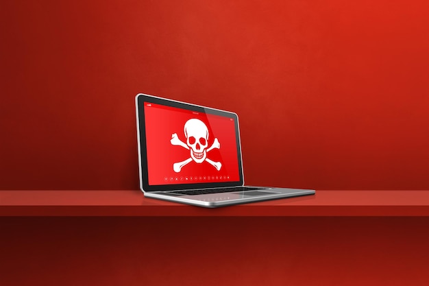Ordinateur portable sur une étagère avec un symbole de pirate à l'écran Concept de piratage
