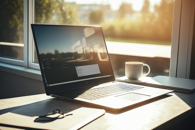 Un ordinateur portable avec une fenêtre derrière qui dit hp dessus.