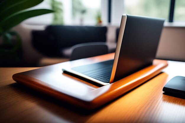 Ordinateur portable fermé sur la table au bureau à domicile