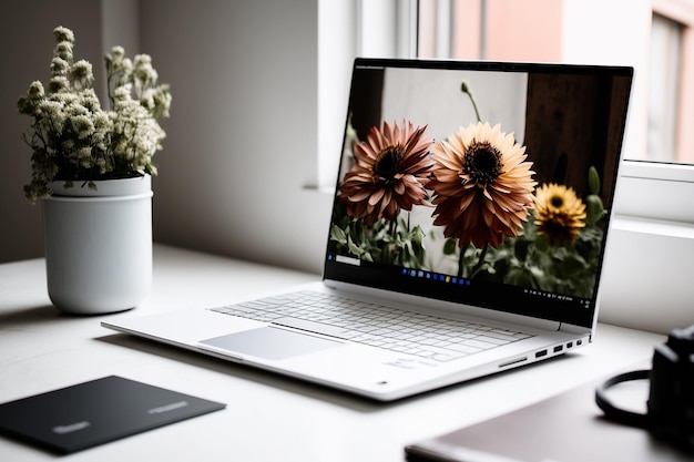 Un ordinateur portable avec une fleur sur l'écran