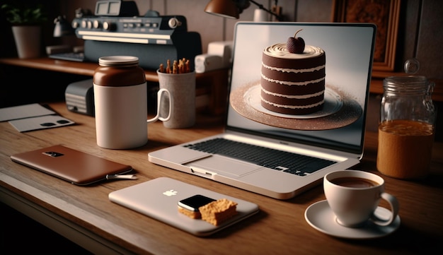 Un ordinateur portable avec un gâteau dessus qui est sur une table