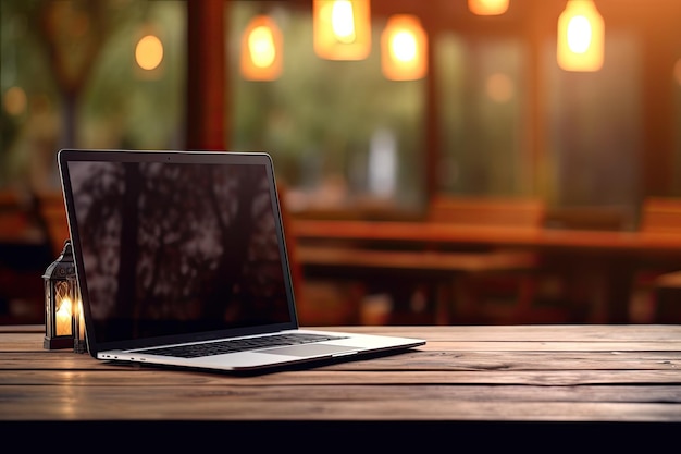 ordinateur portable sur un groupe flou de personnes au café