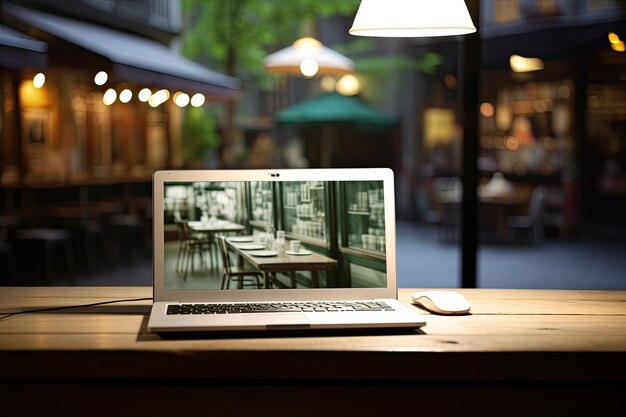 ordinateur portable sur un groupe flou de personnes au café