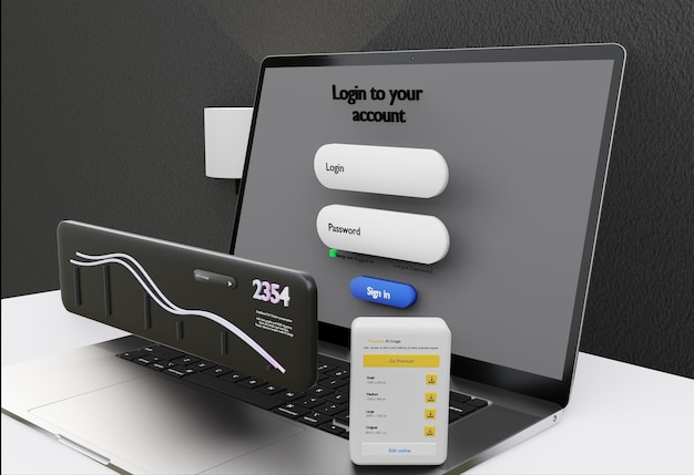ordinateur portable illustration 3D analyse de données site web algorithme de référencement ai ui ux programmation générati