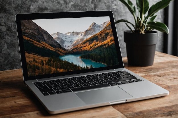 un ordinateur portable avec une image d'une montagne sur l'écran