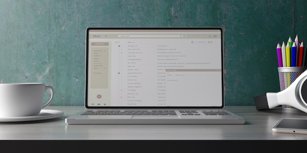Ordinateur portable avec liste d'e-mails sur l'illustration 3d de l'écran